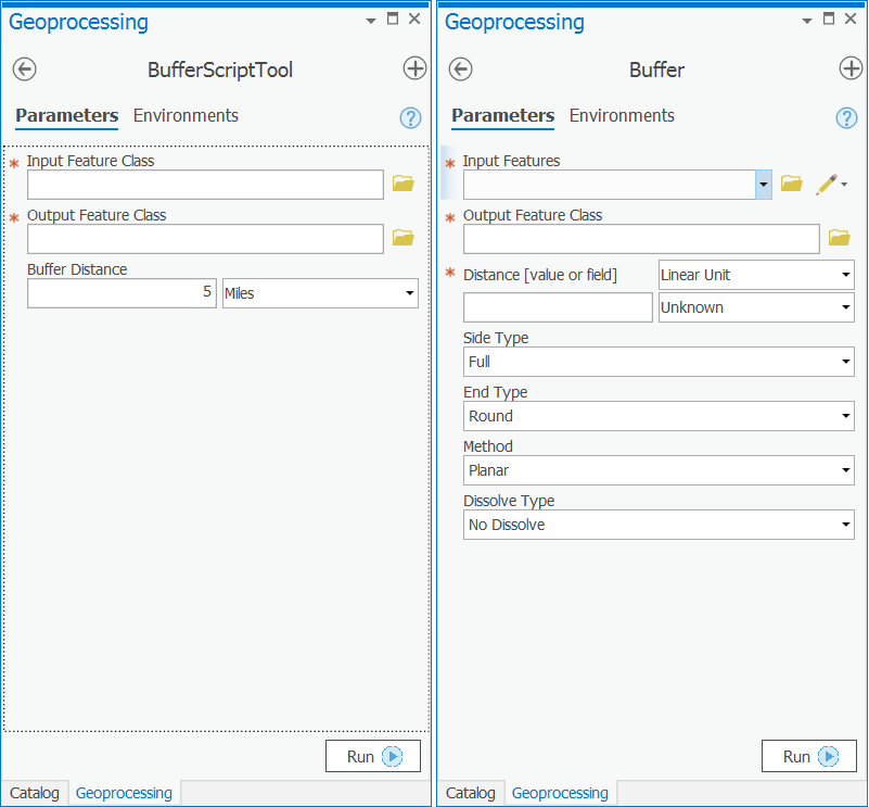 Screen captures of the Buffer Script Tool and Buffer dialog boxes to show both dialogs compared