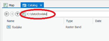 Screen capture to show getting the path to a raster in ArcPro. Location: C:\Data\foxlake