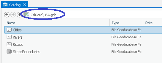  Screen capture to show viewing a path in ArcCatalog. Location: C:\Datat\USA.gbd\Citites