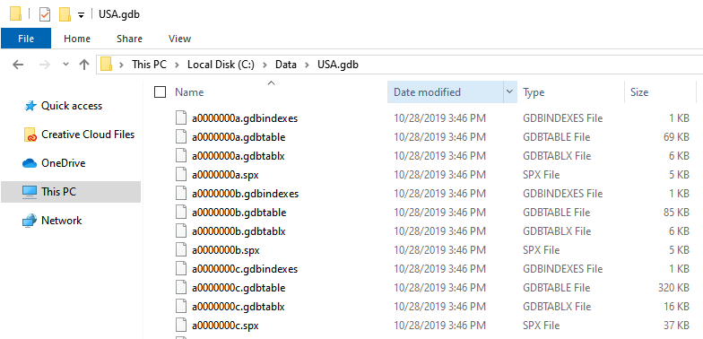 Screen capture showing the windows path to a file geodatabase. Folder USA.gdb