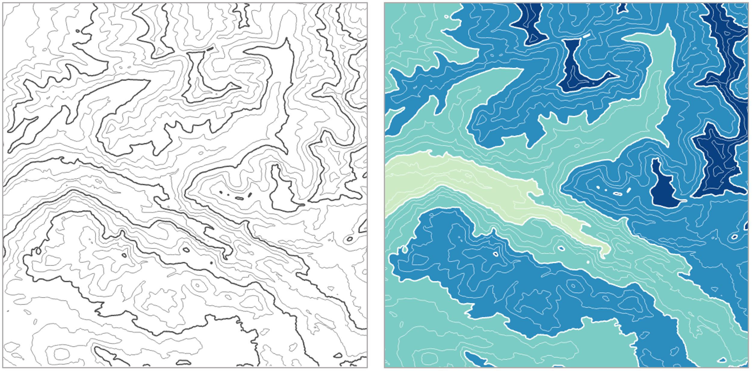 examples of contour lines without and with hypsometric tinting