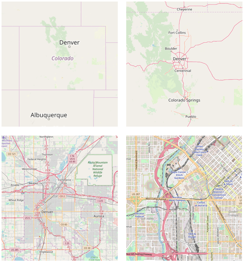 Map of Denver, Colorodo at four increasing scales
