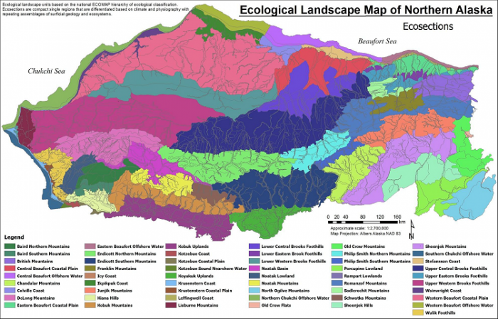 very colorful Ecological Landscape Map of Northern Alaska, divided into ecosections by 50+ colors 