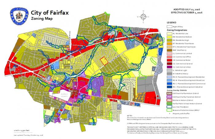 very colorful zoning map from city of Fairfax, Virginia - colors indicating various zoning designations