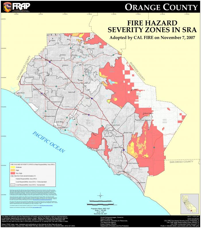 colorful hybrid map of Orange County, CA showing roads as well as color blocks showing fire hazard severity