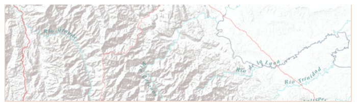 Example of a labeled terrain basemap showing aerial representation of mountains and rivers