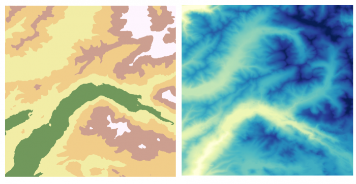 examples of hypsometric tinting of the same area, the first with clear color distinctions, the second more cloudy