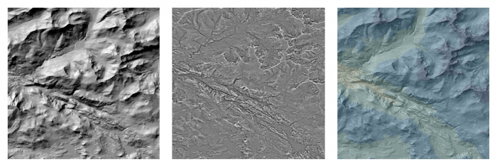 examples of hillshade, curvature, and hillshade with curvature and hypso