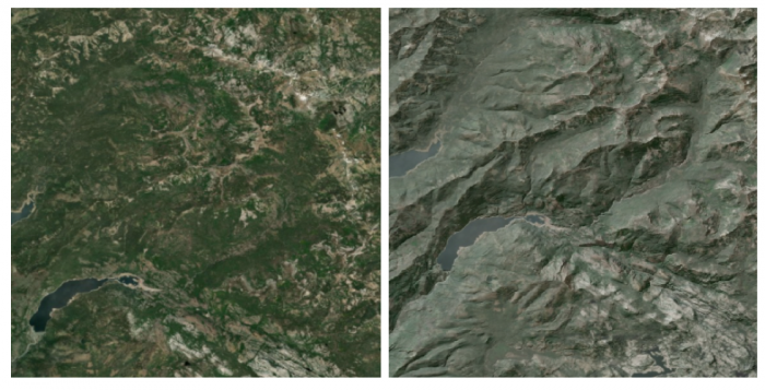 examples of an aerial image without and with a transparent hillshade from a similar location