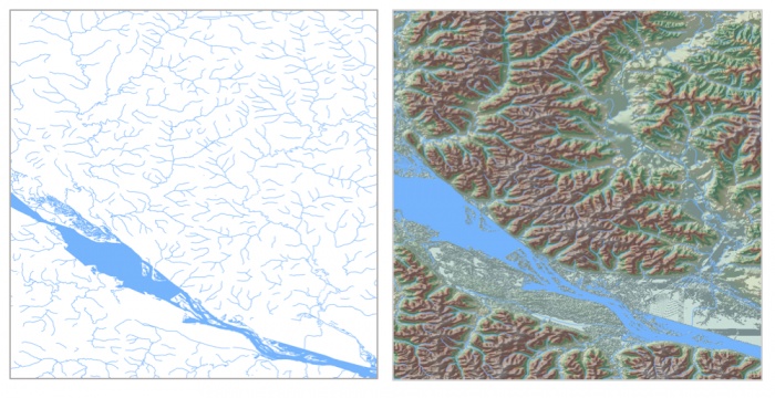 two maps: Flowlines and waterbodies (left), and this hydrography data combined with terrain (right)