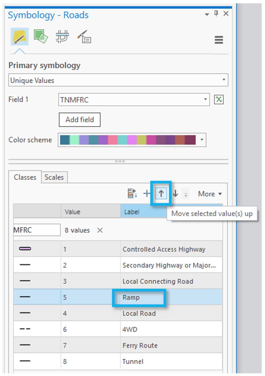 Screenshot: symbology pane - labeling of features, "move selected value(s) up" and "ramp" highlighted