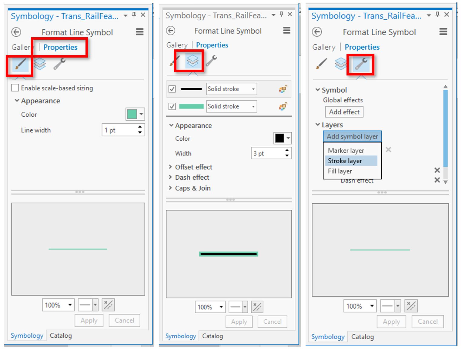 Screenshot: Symbology pane: symbol properties, layers, and structures tabs highlighted