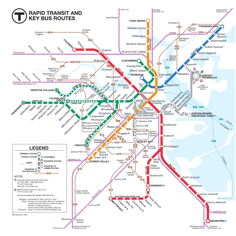 example of a simplified public transportation map from Boston, MA showing color coded routes