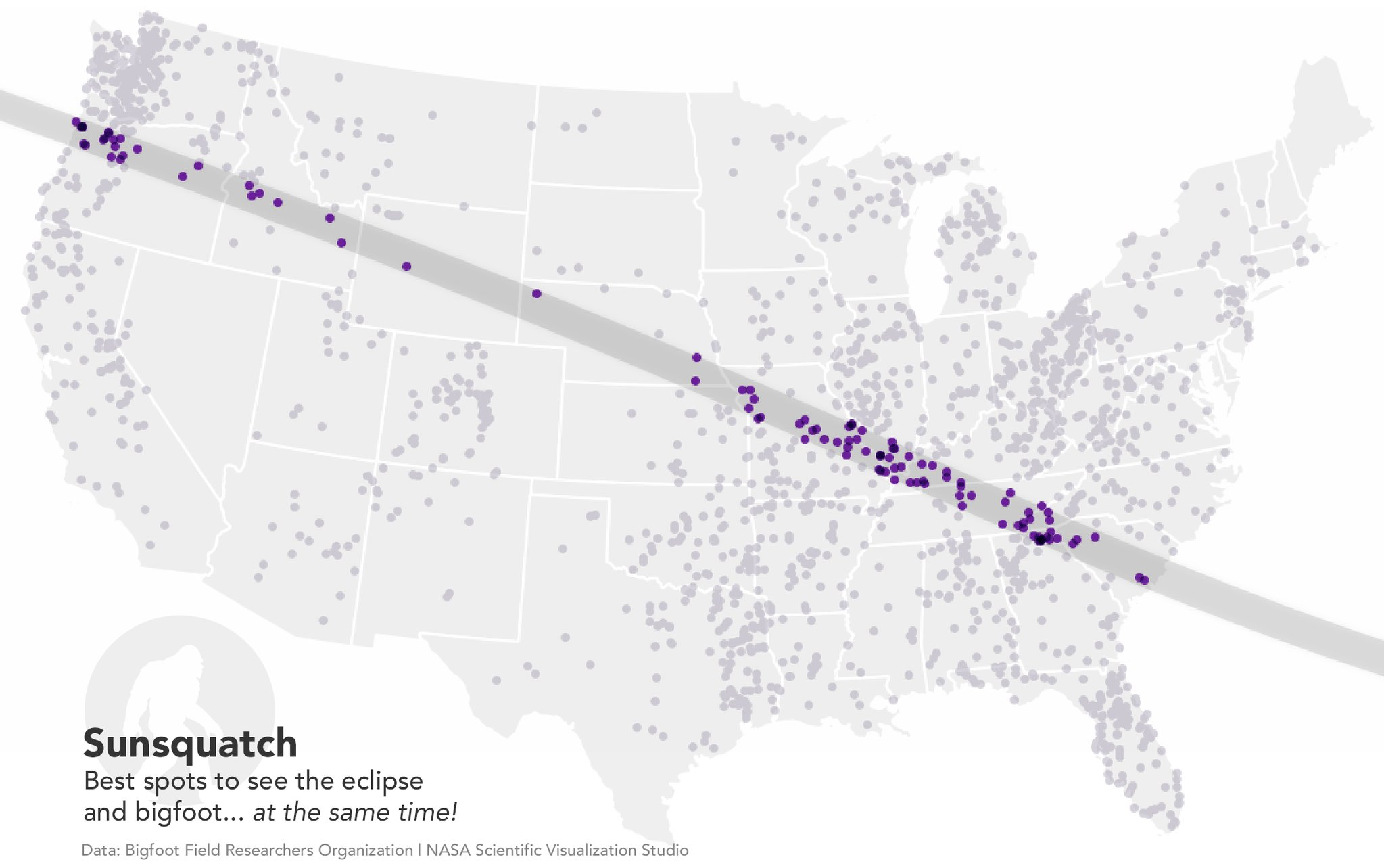 example of a map that represents relationships in spatial data (in this case, places where one can view both bigfoot and a solar eclipse)
