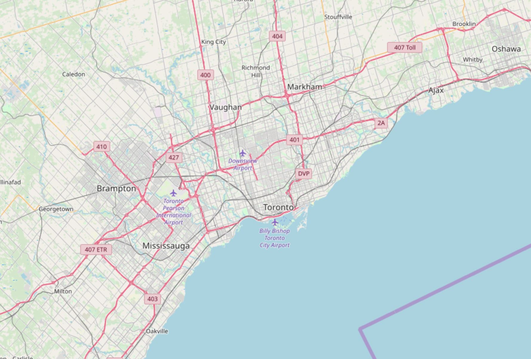 example of an OpenStreetMap Basemap of Toronto area showing streets and toll roads