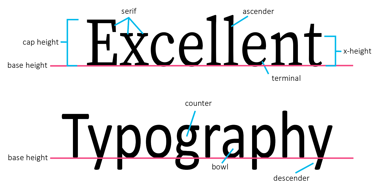 Components of type design: cap height, baseline, serif, terminal, ascender, x-height, stroke, bowl, descender, counter