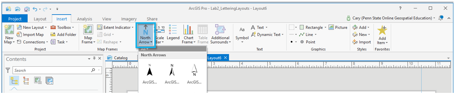 screen capture: adding a north arrow "insert" and "north arrow" highlighted