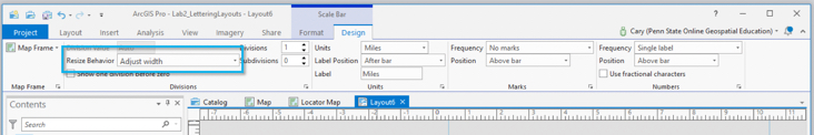 screen capture: adjusting the design of a scale bar, "Scale Bar" "Design" and "Resize Behavior" highlighted