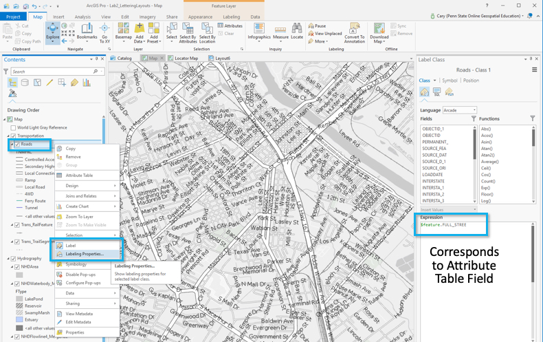 screen capture: "Roads" "Labeling Properties..." and "Expression" highlighted