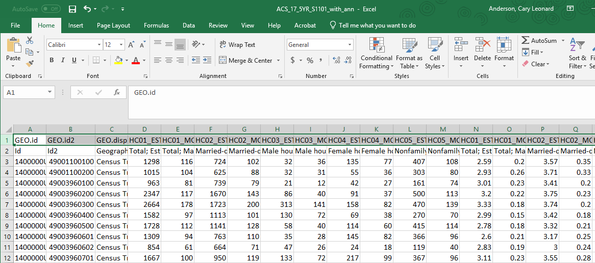 screen capture to show ACS data Excel file