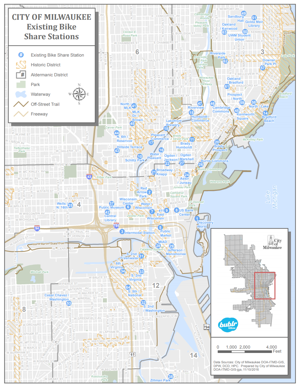 Map of Milwaukee using points to show bike share stations, see caption and text surrounding image