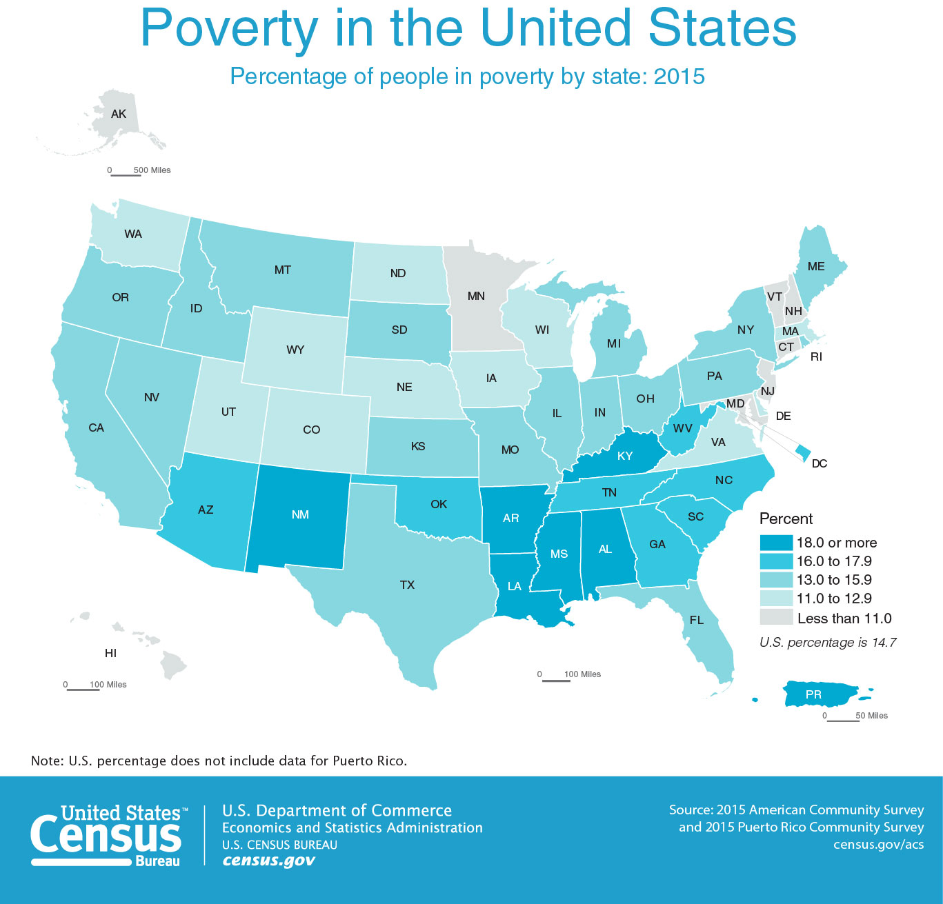 Choropleth map of Poverty in the United States, see text below image