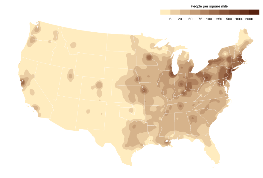 An isopleth map of US population density, see text below image