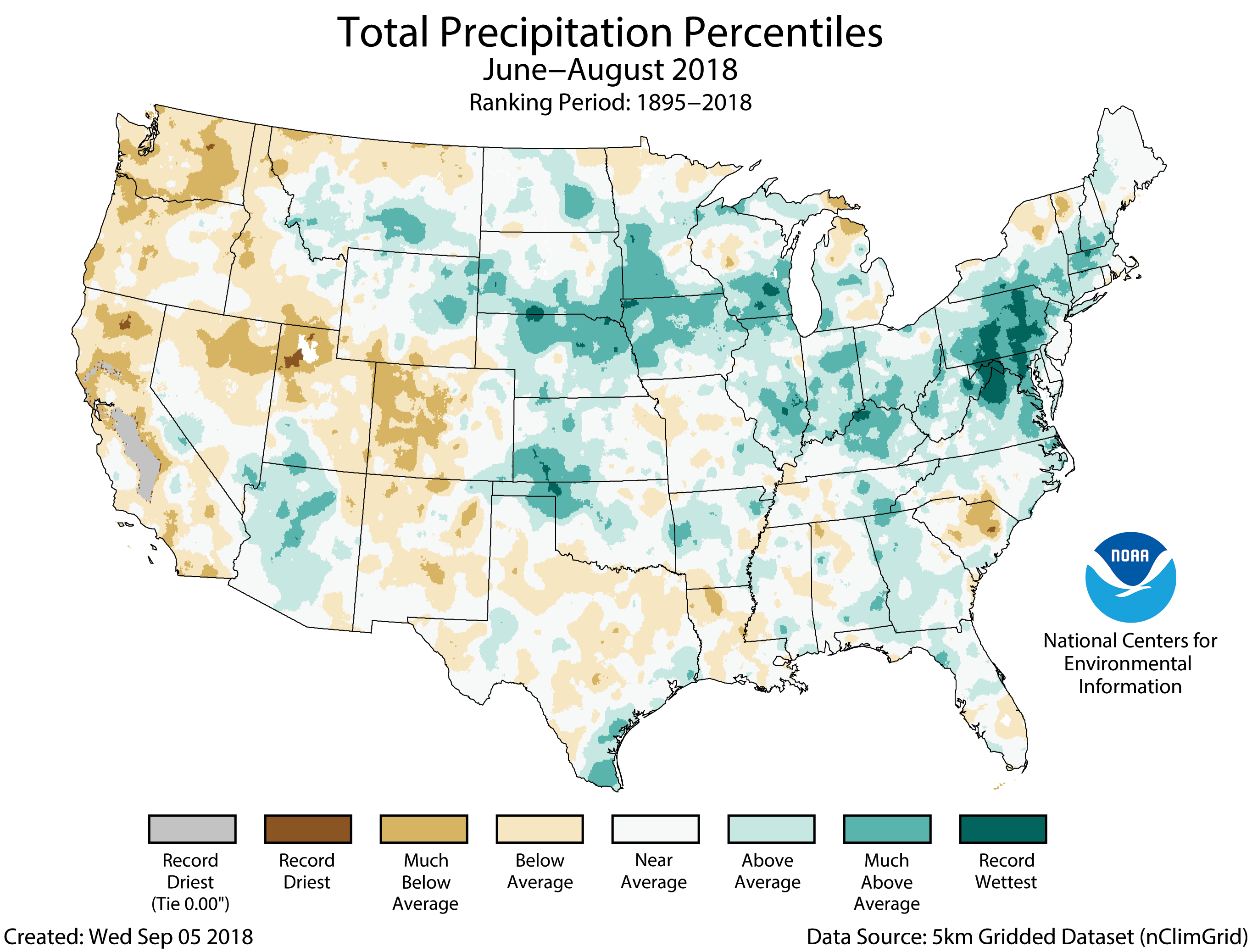 US Precipitation Percentiles (2018) show using color, see text surrounding image