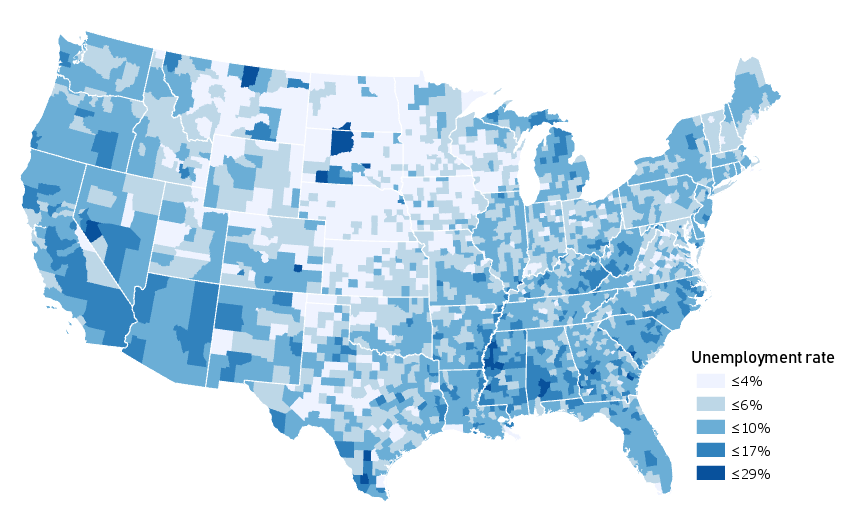 Simple color coded county-level map of unemployment in US, see text below