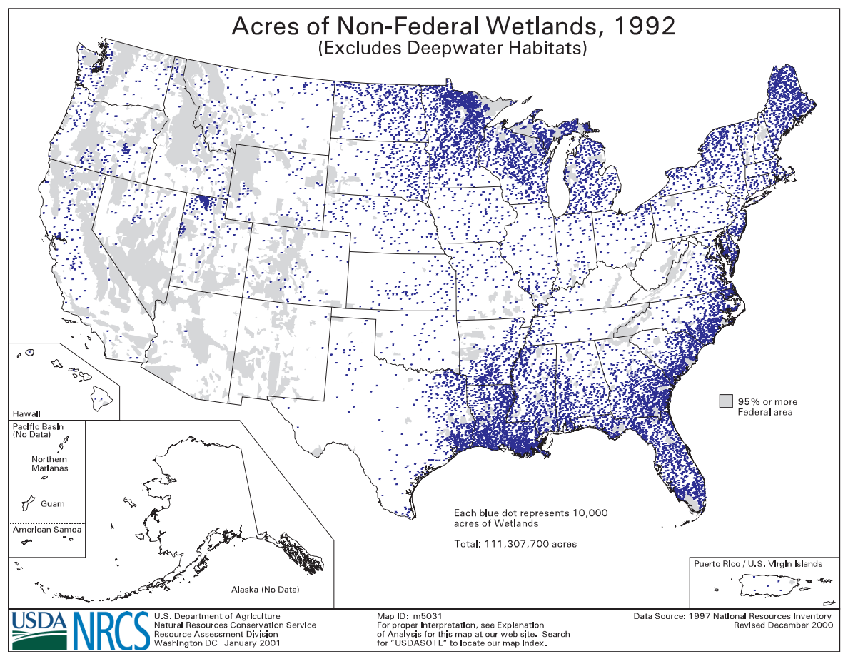 Dot map of Non-Federal Wetland acreage, see text below image