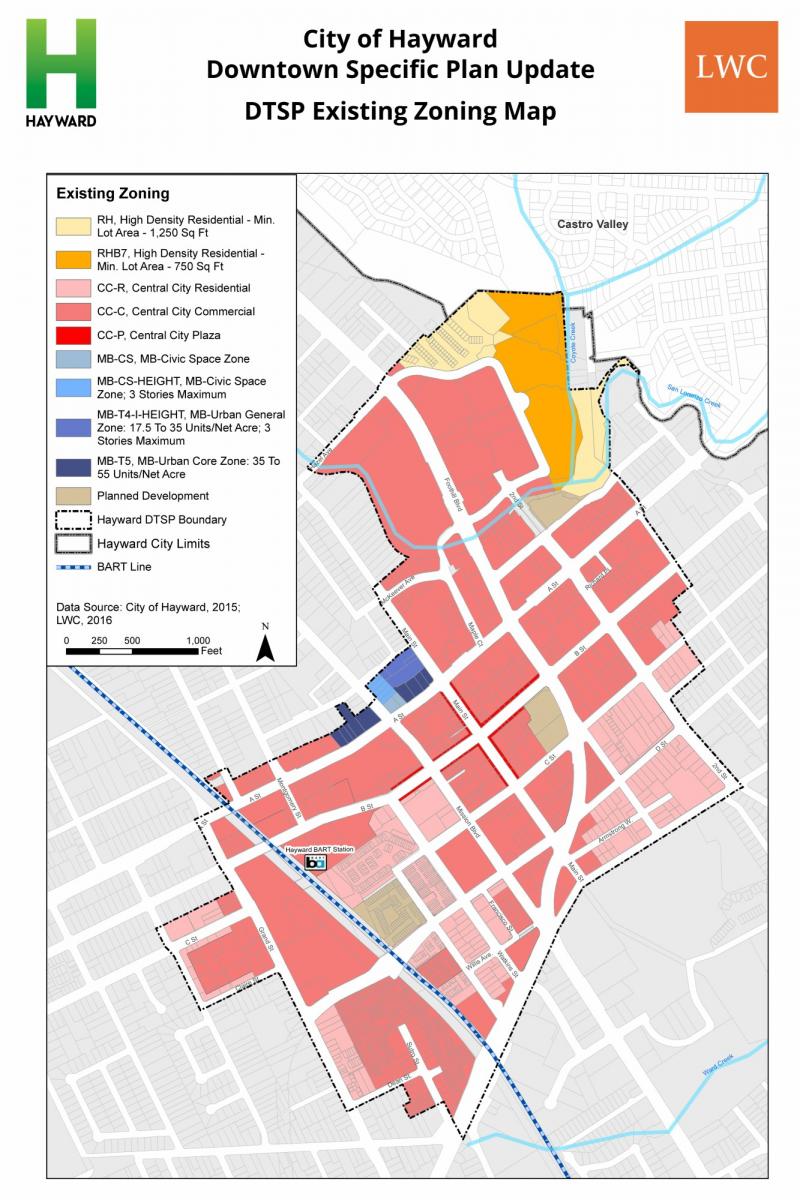 City of Hayward Zoning map using color as a visual variable, see text surrounding image