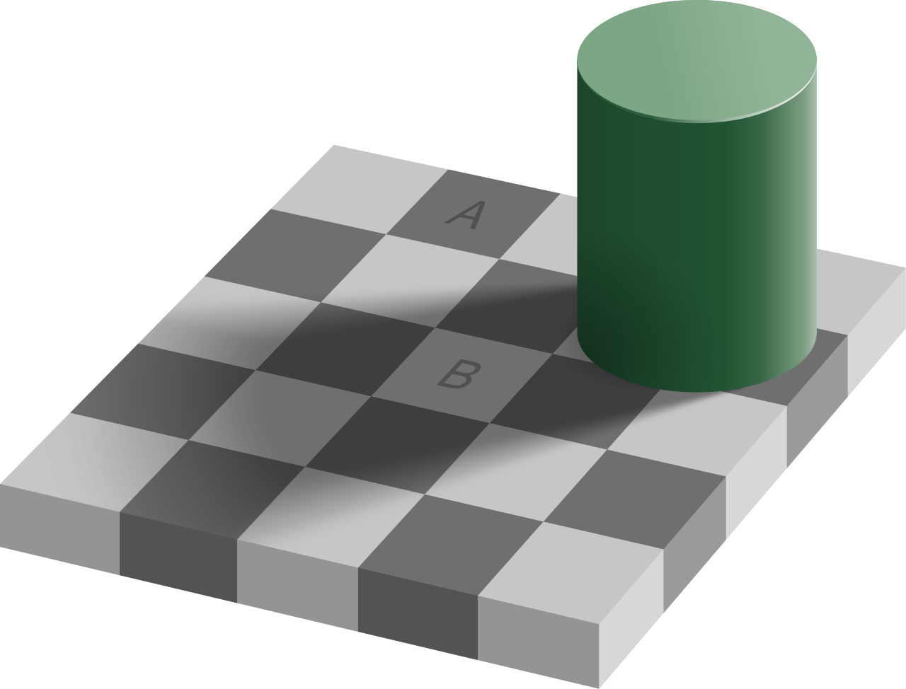Adelson's Checker-Shadow Illusion, see text surrounding image