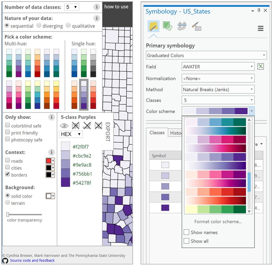 Screenshots of ColorBrewer (left) and Color Schemes in ArcGIS Pro (right)