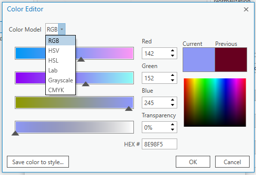 Screenshot of Color Editor in ArcGIS Pro, see text below