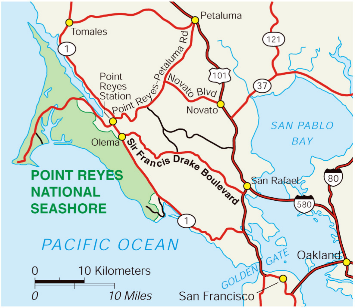 Map of Point Reyes National Seashore using color hue