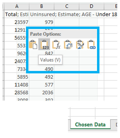 example of pasting data as "Values" into the Chosen Data sheet in Excel