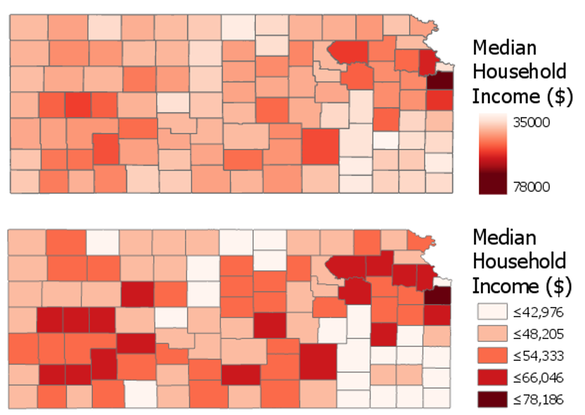 unclassed and classed choropleth maps of Median Household Income ($), see text below
