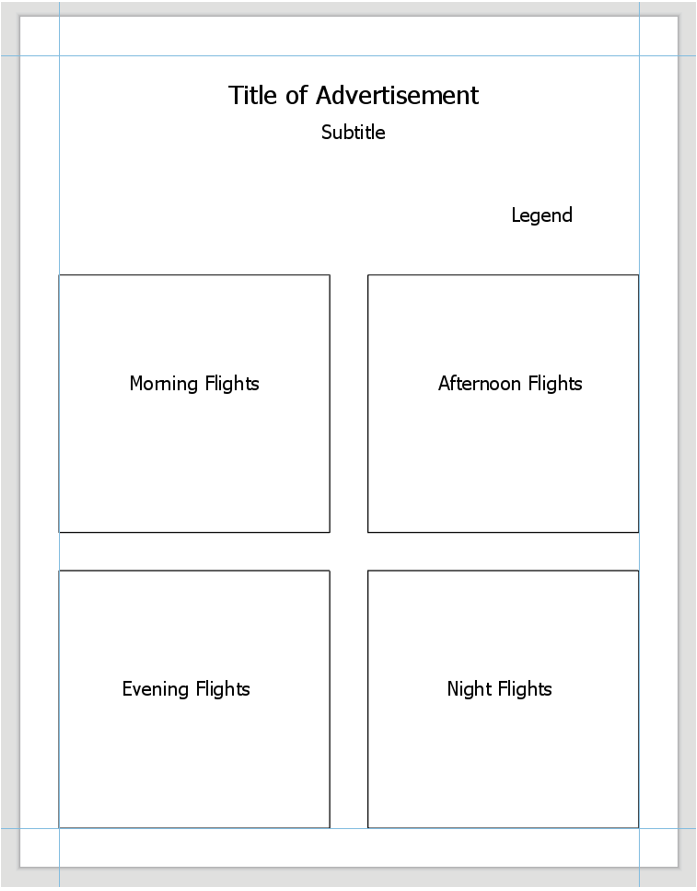 screenshot of example layout for advertisement #2: title, subtitle, legend, Morning Flights, Afternoon Flights, Evening Flights, Night Flights (in boxes)
