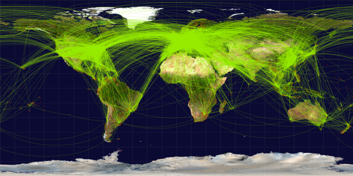 map of scheduled flights in June 2009, see surrounding text