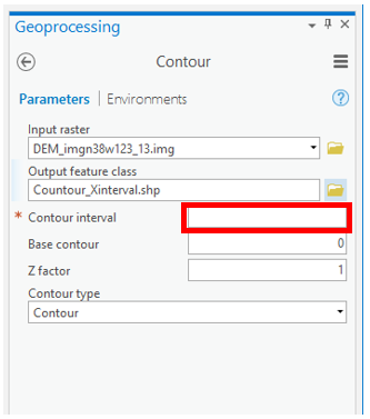 screenshot: Geoprocessing - generating contours in ArcGIS Pro, contour interval box highlighted