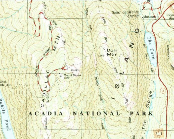 A Topographic map from the USGS showing part of Acadia National Park, lines showing elevations