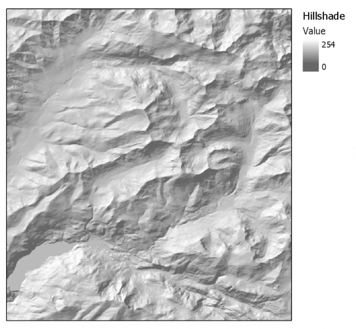Example of hillshade, also grayscale, but peaks, valleys, and ridges have sharper edges