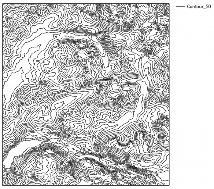 contours drawn at 50m intervals, see text above