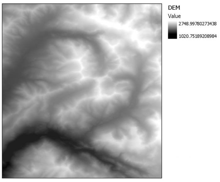 digital elevation model, simple example using various shades of black, gray, and white