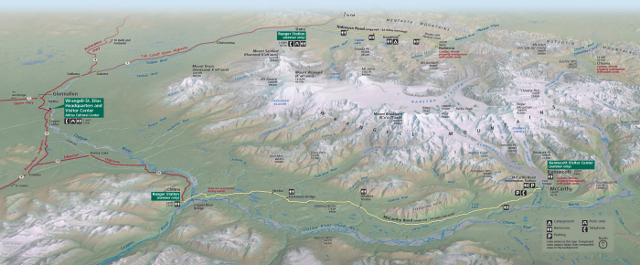  Panoramic Map from the National Park Service, of Wrangell-St. Elias National Park, Alaska, see text below