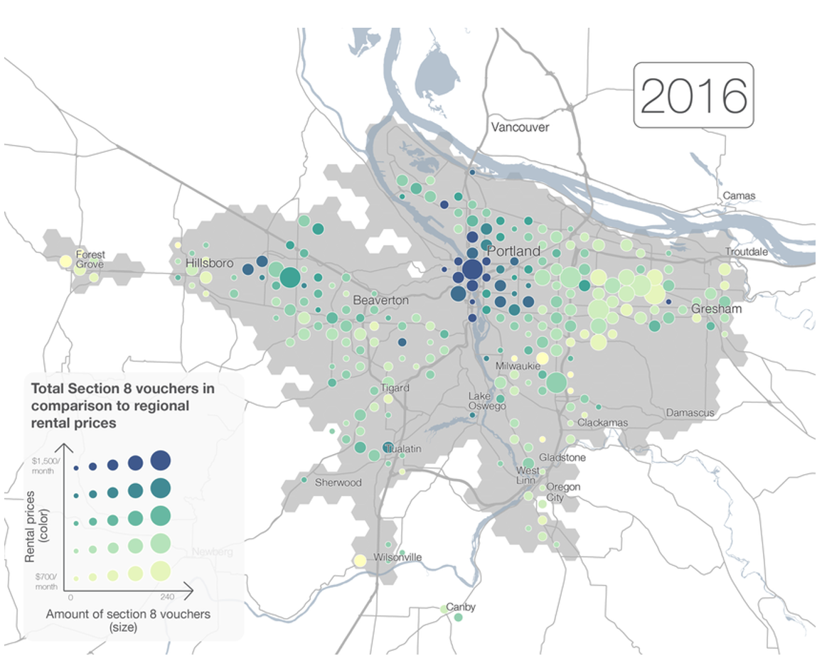 Multivariate map of Section 8 vouchers in the Portland area, 2016, see text below