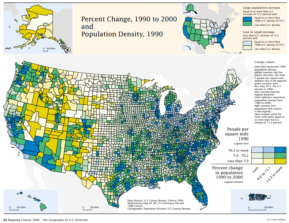 Percent Change, 1990 to 2000 and Population Density, 1990, bivariate choropleth map
