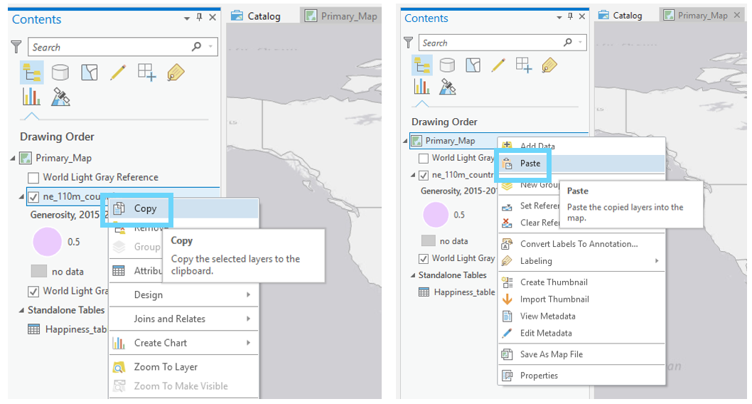 screenshot of copying and pasting a layer in the ArcGIS Pro contents pane, copy to clipboard, paste into map