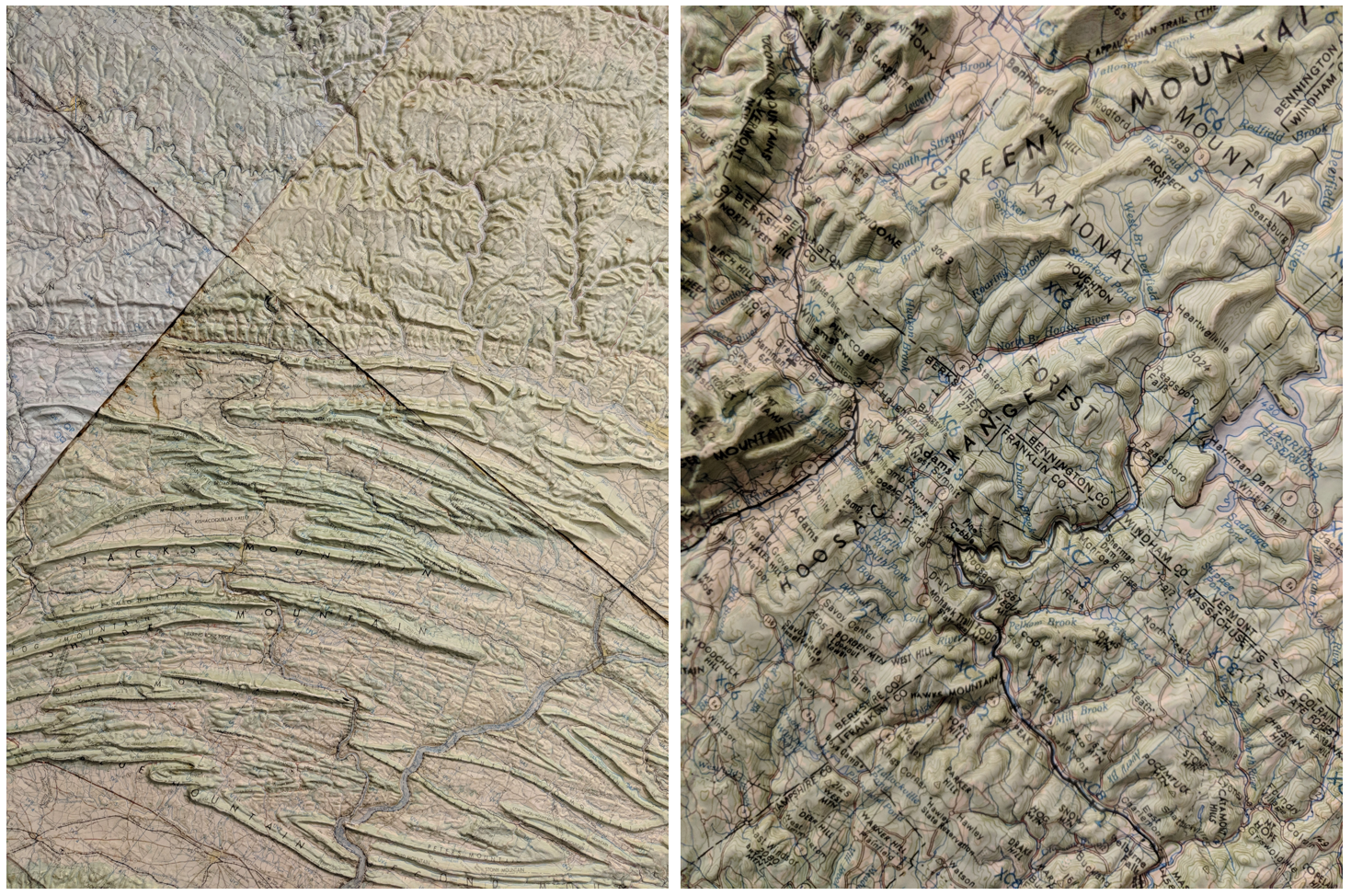 two views of a raised topographic map, see surrounding text for more information