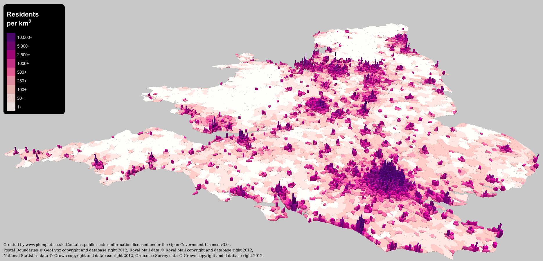 extruded/perspective height map of population density in the UK (residents per km2), see text above